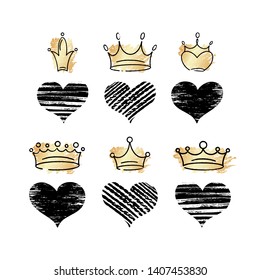 Set of vector hand draw graffiti crown icons with hearts for young prince or princess. Vector illustration doodle style for Queen and King. Sketch ink brush doodle crowns and hearts with gold.