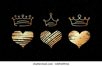 Set of vector hand draw graffiti crown icons with hearts for young prince or princess. Vector illustration doodle style for Queen and King. Sketch gold ink brush doodle crowns and hearts on background