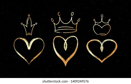 Set of vector hand draw graffiti crown icons with hearts for young prince or princess. Vector illustration doodle style for Queen and King. Sketch gold ink brush doodle crowns and hearts on background