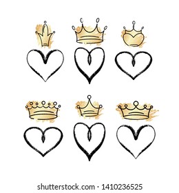 Set vector hand draw graffiti crown icons and hearts for young prince princess  Vector illustration doodle style for Queen   King  Sketch ink brush doodle crowns   hearts and gold 