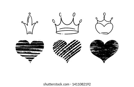 Set of vector hand draw graffiti crown icons with hearts for young prince or princess. Vector illustration doodle style for Queen and King. Sketch ink brush doodle crowns and hearts.