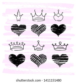 Set of vector hand draw graffiti crown icons with hearts for young prince or princess. Vector illustration doodle style for Queen and King. Sketch ink brush doodle crowns and hearts on pink background