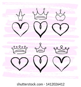 Set of vector hand draw graffiti crown icons with hearts for young prince or princess. Vector illustration doodle style for Queen and King. Sketch ink brush doodle crowns and hearts on pink background