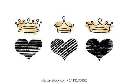 Set of vector hand draw graffiti crown icons with hearts for young prince or princess. Vector illustration doodle style for Queen and King. Sketch ink brush doodle crowns and hearts with gold.