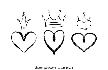 Set of vector hand draw graffiti crown icons with hearts for young prince or princess. Vector illustration doodle style for Queen and King. Sketch ink brush doodle crowns and hearts.