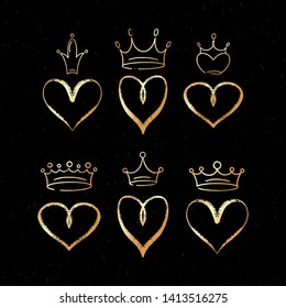Set of vector hand draw graffiti crown icons with hearts for young prince or princess. Vector illustration doodle style for Queen and King. Sketch gold ink brush doodle crowns and hearts on background