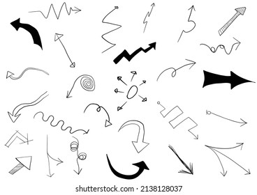 Set of vector hand drawing arrows. directions signs or symbols,arrow,firework,bow,tail, heart, set,line ,love,speech bubble,pointer,Vector hand drawning arrows and direction concept.