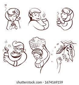 Set of vector hand drawing characters loving coffee. Set of icons illustration isolated on white background. Illustration of people drinking coffee. Food and drink concept. Stock illustration