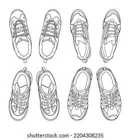 Set of vector hand drawing illustration with adventures shoes, trekking sneakers, gym shoes, top view. Doodle illustration