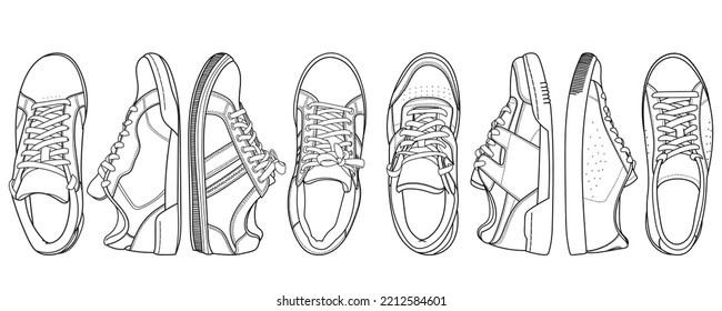 Set of vector hand drawing illustration with classic sport shoes, casual sneakers, gym shoes, top and side view. Doodle illustration