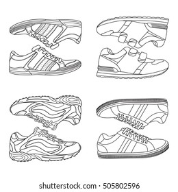 Set of vector hand drawing illustration with sneakers, gym shoes.Doodle illustration