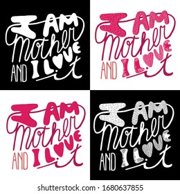 Conjunto de letras de dibujo de la mano vectorial - SOY MADRE Y ME ENCANTA. Frase escrita a mano para las impresiones del día de la madre, carteles de bienvenida, carteles, tarjetas de vacaciones. Fondo blanco, negro aislado. Silhouette. 