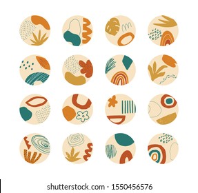 Set of vector hand drawn abstract collage templates for social media highlights. Contemporary art objects, doodle elements. 