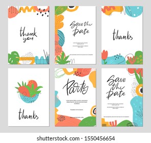 Set of vector hand drawn abstract collage templates for poster, invitation, save the date, wedding, birthday party, baby shower card. Contemporary art objects, doodle elements.
