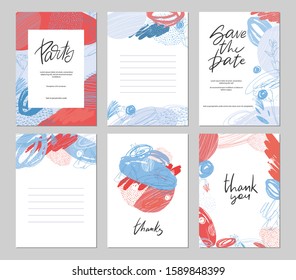 Set of vector hand drawn abstract templates for poster, invitation, save the date, wedding, birthday party, baby shower card.