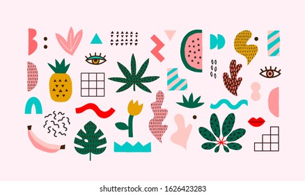 Set of vector hand drawn abstract shapes and tropical leaves. Trendy graphic elements for your unique design.
