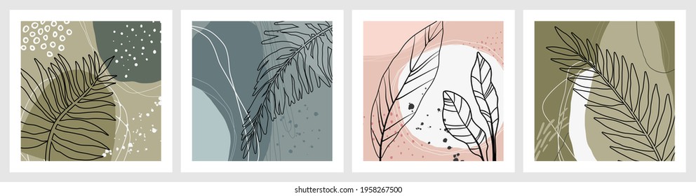 Set of vector hand drawn artistic summer postcards with tropical palm leaves, organic shapes and textures.