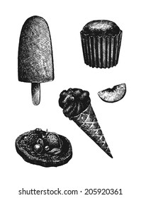 Set of vector hand drawn artistic dessert food