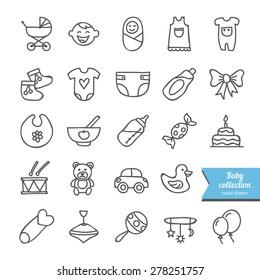 Set of vector hand drawn baby icons: clothes, toys, food