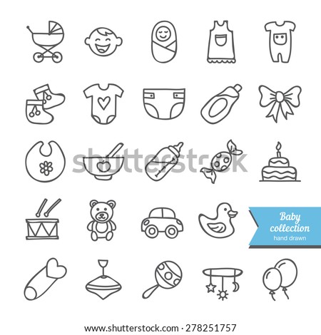 Set of vector hand drawn baby icons: clothes, toys, food