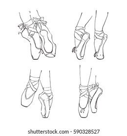 Set of vector hand drawn ballet shoes points. Sketch Illustrations with live line isolated black on white