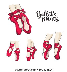 Set of vector hand drawn ballet shoes points. Illustration with live line and color isolated on white. Lettering Ballet Points with heart.