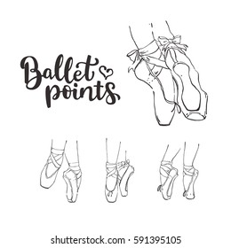 Set of vector hand drawn ballet shoes points. Sketch Illustrations with live line isolated black on white