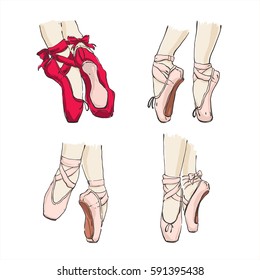 Set of vector hand drawn ballet shoes points. Illustration with live line and color isolated on white. Lettering Ballet Points with heart.