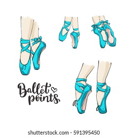 Set of vector hand drawn ballet shoes points. Illustration with live line and color isolated on white. Lettering Ballet Points with heart.