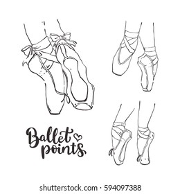 Set of vector hand drawn ballet shoes points. Sketch Illustrations with live line isolated black on white