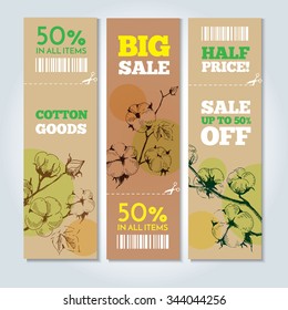 Set of vector hand drawn banners with stems of cotton plants. Modern hand drawn design for sale and discount of cotton clothing store, web, site, advertising, sticker and print. 