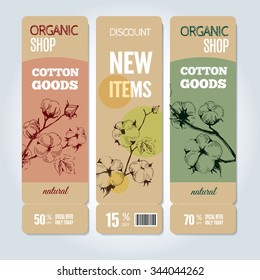 Set of vector hand drawn banners with stems of cotton plants. Modern hand drawn design for sale and discount of cotton clothing store, web, site, advertising, sticker and print. 