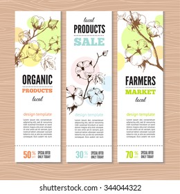 Set of vector hand drawn banners with stems of cotton plants. Perfect design for farm market advertising and bio product business. Business identity for organic products and agricultural industry.