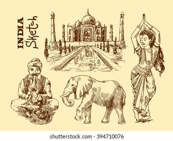 Set of vector hand drawn beautiful illustrations India for your design