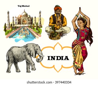 Set of vector hand drawn beautiful illustrations India for your design