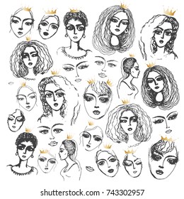 Set of vector hand drawn beautiful women head with golden crown of princesses on a white background. Black and white monochrome sketch, adult and children coloring book page, tee shirt print