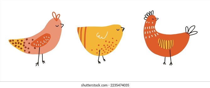 Conjunto de aves dibujadas a mano vectorial. Estilo plano. Pájaro colorido para ícono, papel envolvente, banner, logo, impresión, tarjeta, regalo, tela, web, etiqueta, publicidad, tarjeta, tela.