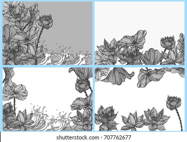 Set vector hand drawn black and white lotus for backgrounds, graphics and text.
