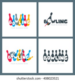 Set of vector hand drawn bowling logo, icons and emblems. Doodle colorful lettering. Bowling balls and pins symbol. Trendy design for bowling center, tournament or championship.