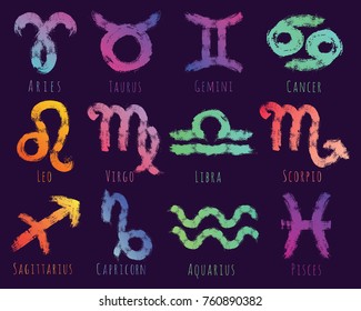 Set of vector hand drawn in brush style astrology illustrations of the zodiac signs. Bright gradient colors. Grunge astro symbols. 12 elements of Years. Hand painting icons