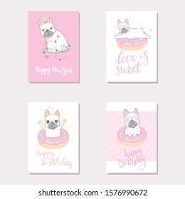 Set of Vector hand drawn bulldog. Cartoon on holiday card design