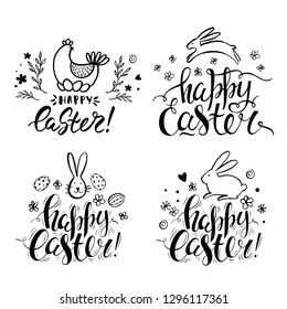 Set of vector hand drawn bunny, chicken, flowers and eggs. Handwritten inscription Happy Easter. Black and white. Doodle sketch. Brush lettering. Modern calligraphy.