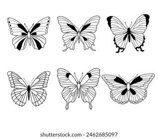 Conjunto de siluetas de mariposa dibujadas a mano de Vector	