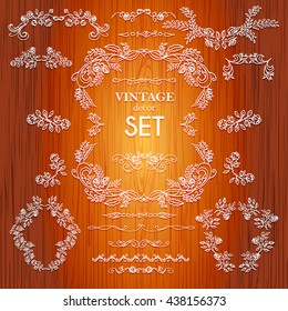 Set  vector hand drawn calligraphic element. The pattern frame of the branches of the roses. Wooden background.Pattern border Floral ornament of leaves and flowers.Vintage style.