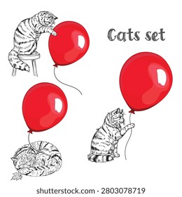 Set of vector hand drawn cats with red balloons
