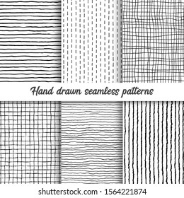 Set of vector hand drawn checkered seamless pattern, messy striped endless ornament. Pattern swatch included in the Swatches panel