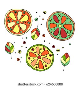 Set of vector hand drawn childish juicy, fruits. Cute childlike lime, orange, lemon, grapefruite, leaves, seeds, drops. Doodle, sketch, cartoon style. Line drawing. Graphic unusual illustration 