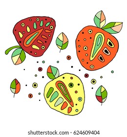 Set of vector hand drawn childish juicy, fruits. Cute childlike strawberry, leaves, seeds, drops. Doodle, sketch, cartoon style. Line drawing. Graphic illustration. Vector design