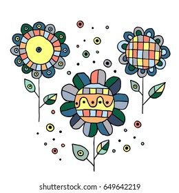 Set of vector hand drawn childish flowers Cute childlike doodle, sketch, cartoon style. Line drawing. Graphic illustration