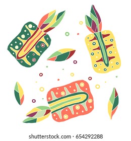 Set of vector hand drawn childish fruits. Cute childlike pineapple with leaves, seeds, drops. Doodle, sketch, cartoon style.